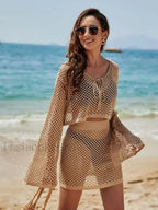 Knit Cover up Bell Sleeve Loose Top Skirt Set Cover Up