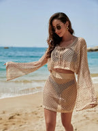 Knit Cover up Bell Sleeve Loose Top Skirt Set Cover Up