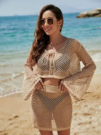 Knit Cover up Bell Sleeve Loose Top Skirt Set Cover Up