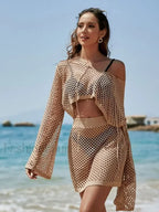 Knit Cover up Bell Sleeve Loose Top Skirt Set Cover Up
