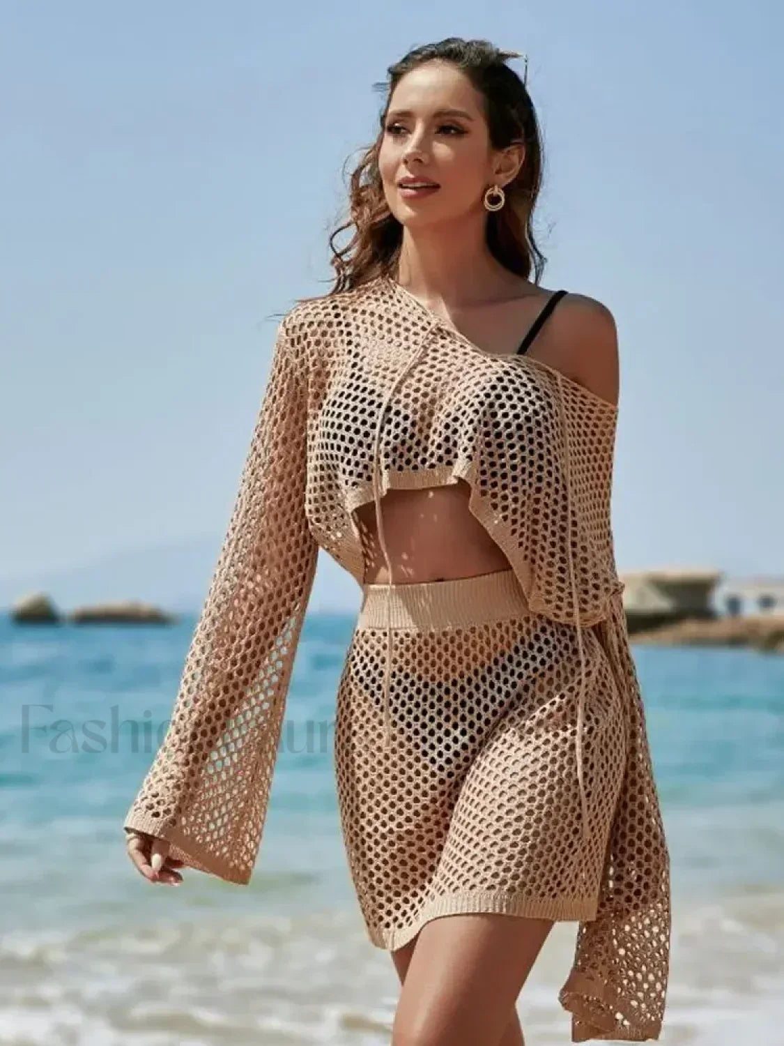 Knit Cover up Bell Sleeve Loose Top Skirt Set Cover Up