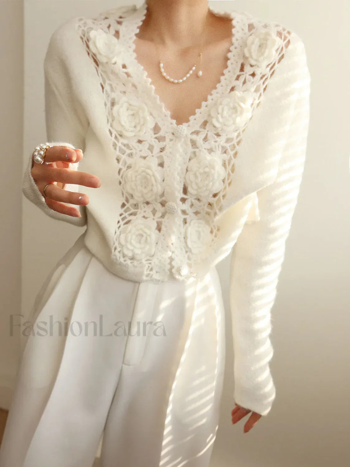 Knit Floral Crocheted Trendy Hollow V neck Cardigan White / S Sweaters L Main image