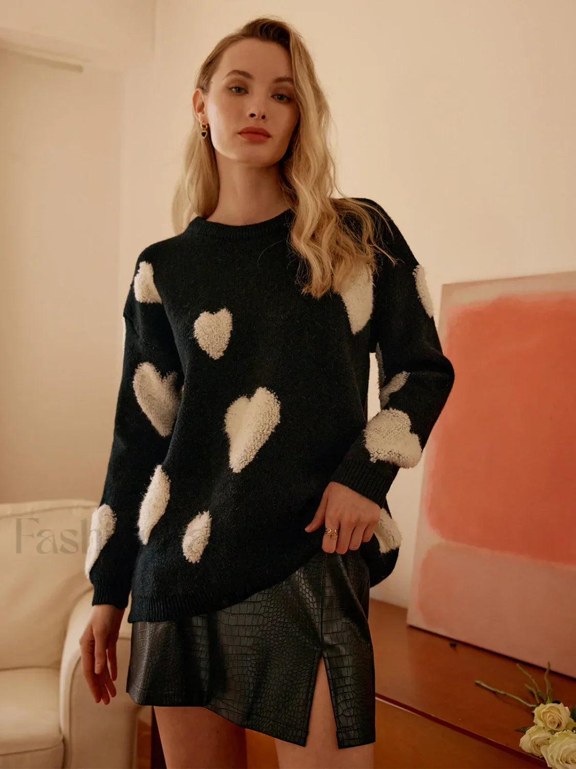 Knit Heart Pattern Trendy Crew Neck Sweater Black / S Sweaters L Main image