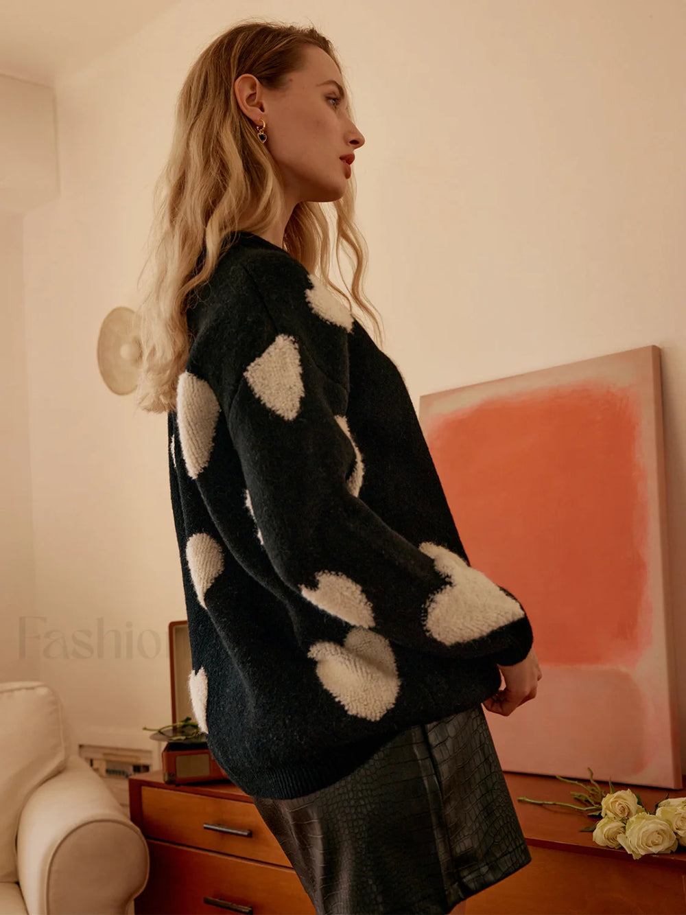 Knit Heart Pattern Trendy Crew Neck Sweater Sweaters L