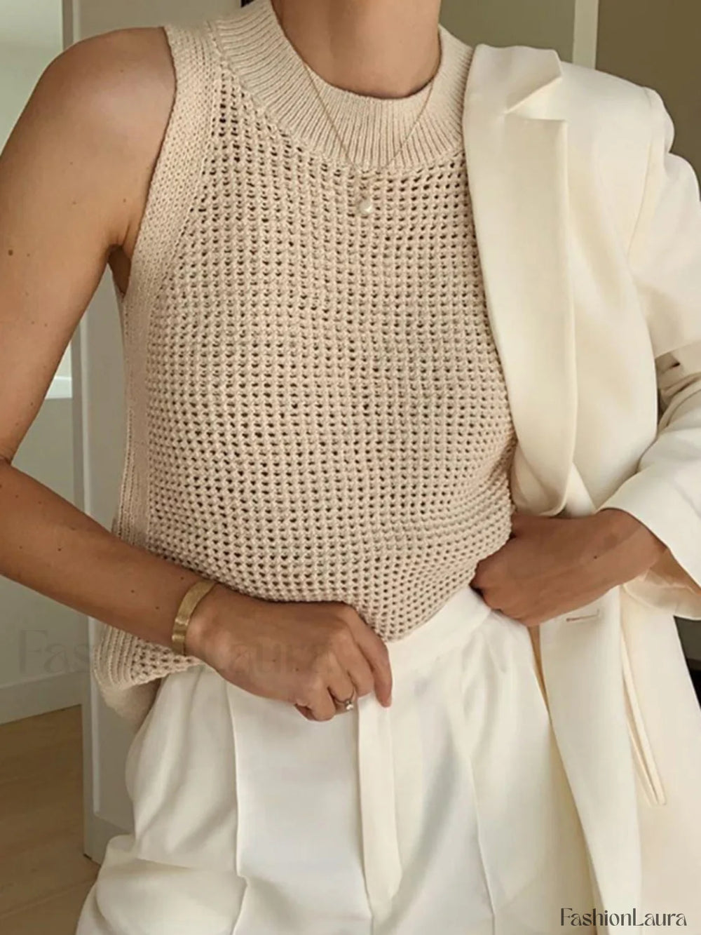 Knit Hollow Graceful Solid Vest Apricot / XS Tank Tops & Camis