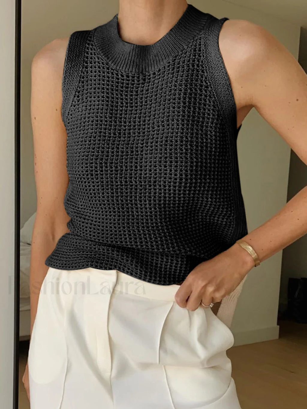 Knit Hollow Graceful Solid Vest Black / XS Tank Tops & Camis