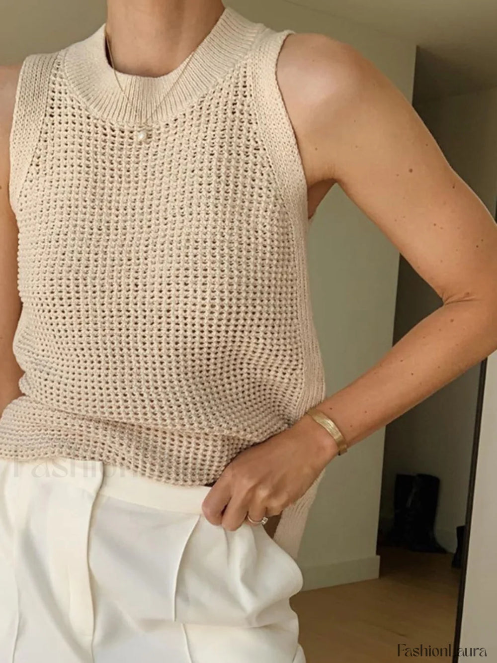 Knit Hollow Graceful Solid Vest Tank Tops & Camis