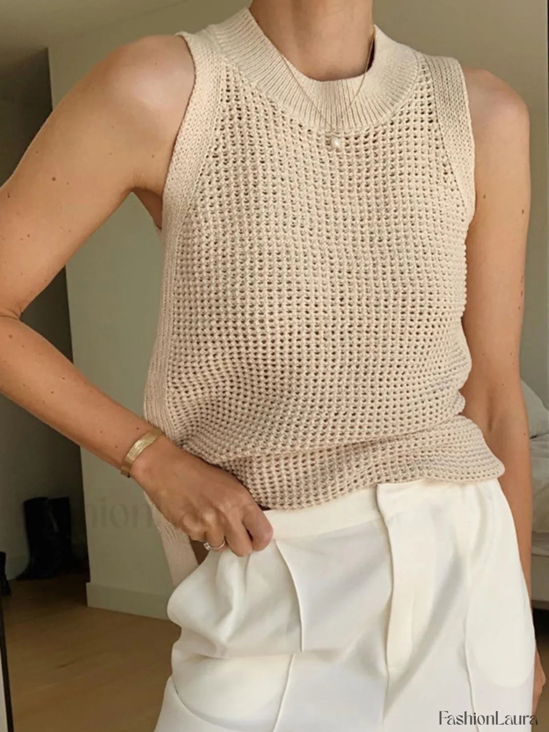 Knit Hollow Graceful Solid Vest Tank Tops & Camis