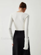 Knit Patchwork Fuzzy Cuff Modern Square Neck Long Sleeve Top Sweaters L