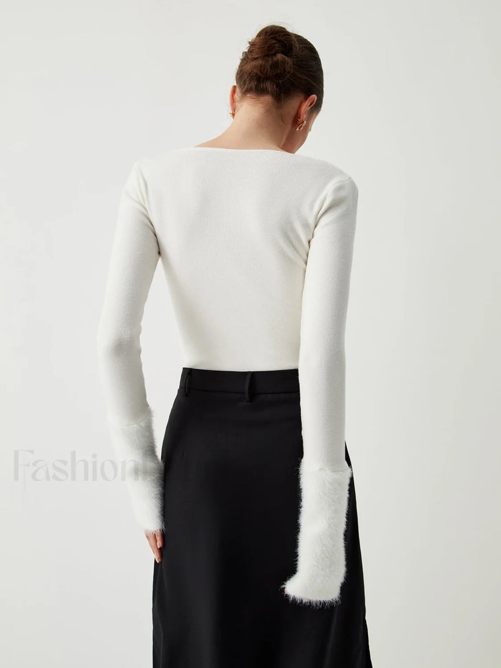 Knit Patchwork Fuzzy Cuff Modern Square Neck Long Sleeve Top Sweaters L