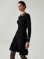 Knit Ruffled Hem Long Modern Sleeve Collar Mini Sweater Dress Sweaters L
