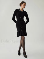 Knit Ruffled Hem Long Modern Sleeve Collar Mini Sweater Dress Sweaters L