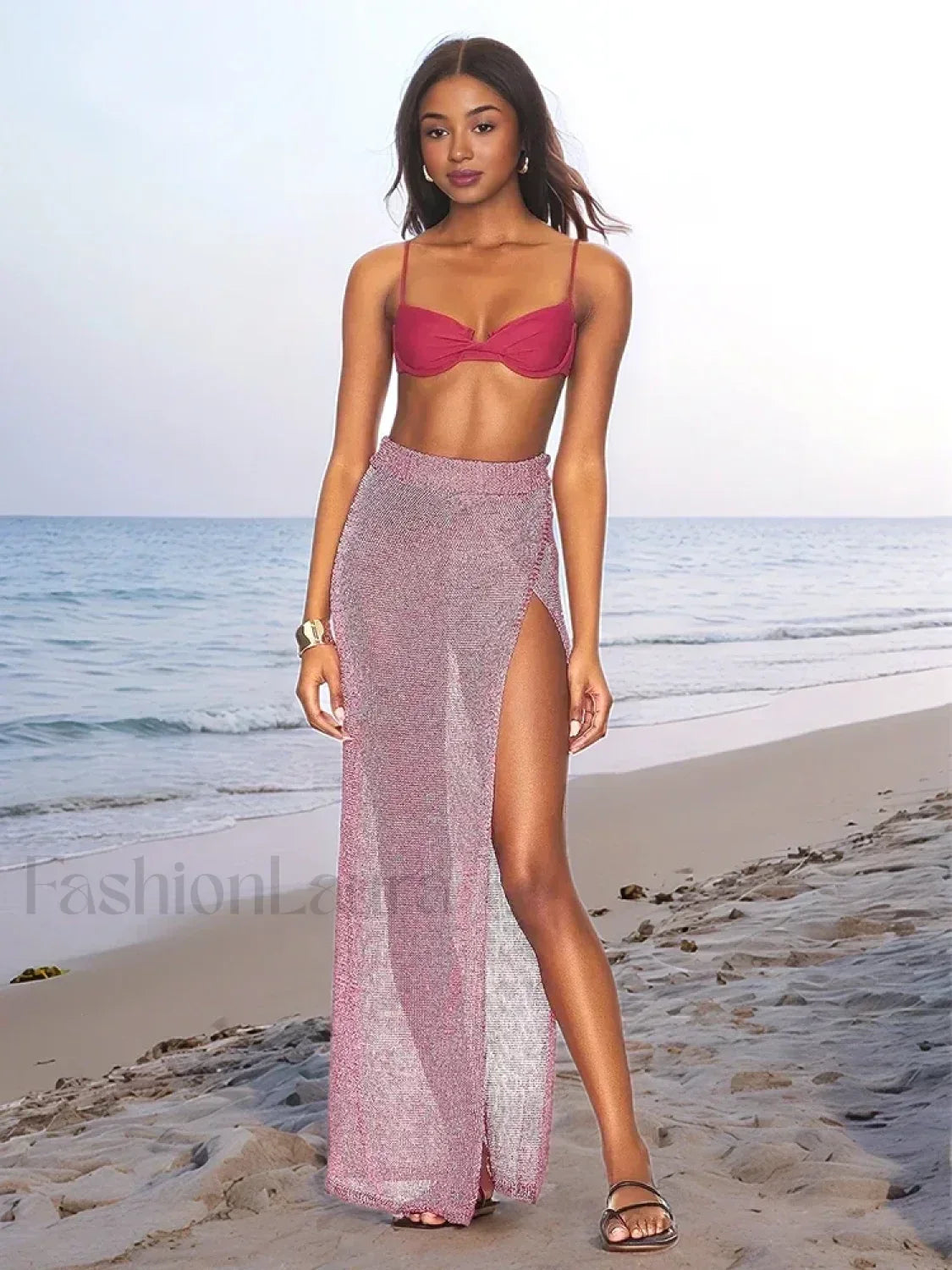 Knit See through Slit Skirt Cover Up Pink / S Main image