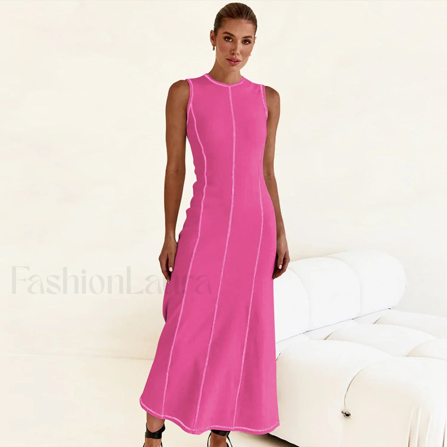 Knit Sleeveless A Line Retro Work Dress Rose Red / S
