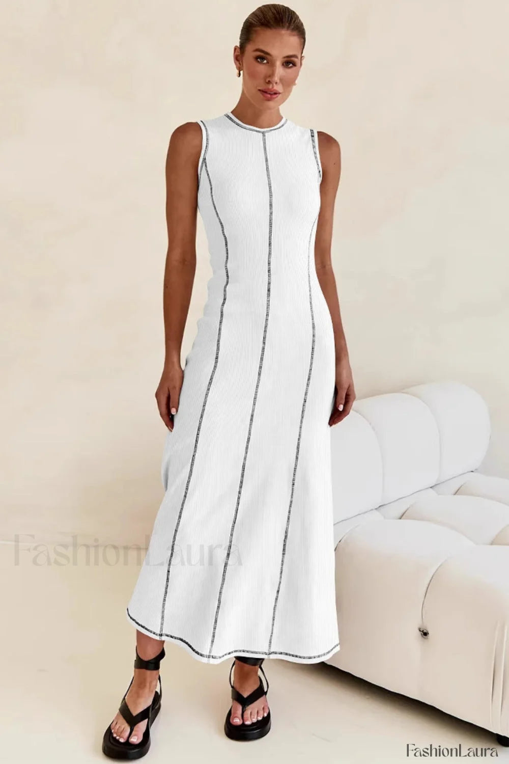 Knit Sleeveless A Line Retro Work Dress White / S