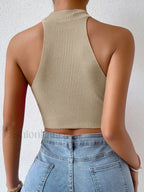 Knit Sleeveless Ribbed Halter Crop Top Khaki / One Size