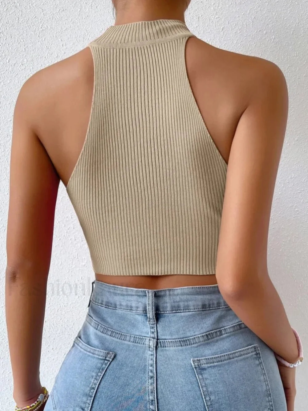 Knit Sleeveless Ribbed Halter Crop Top Khaki / One Size