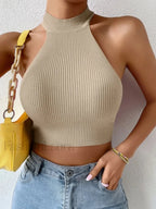 Knit Sleeveless Ribbed Halter Crop Top Khaki / One Size