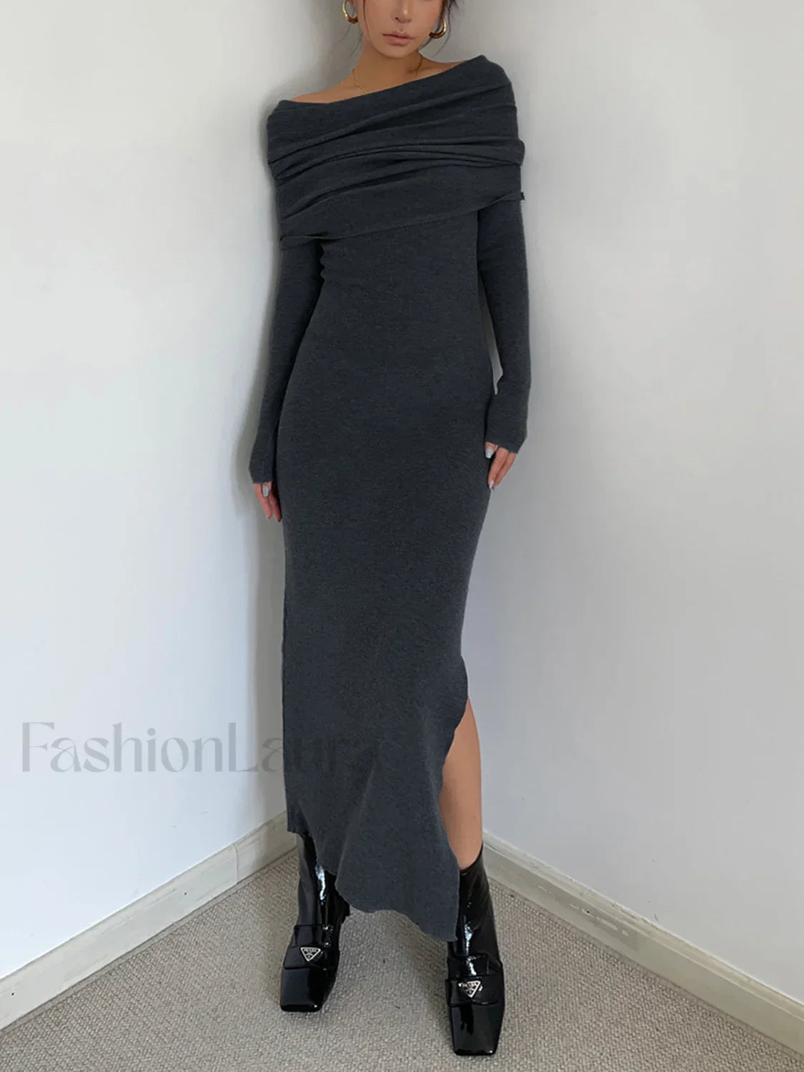 Knit Split Overfold Trendy Sweater Midi Dress Grey / S Sweaters L Main image