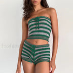 Knit Striped Sleeveless Crop Tube Tops Drawstring Shorts Two Piece Set Green / S