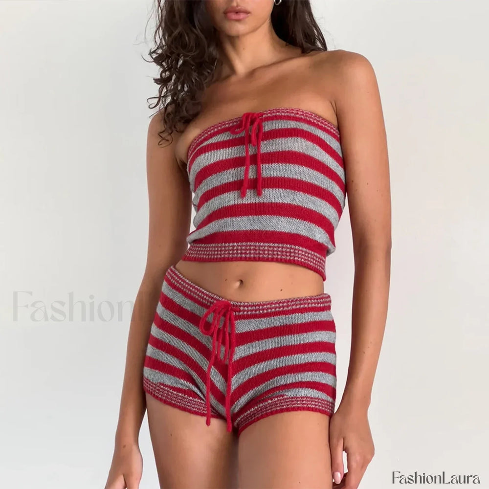 Knit Striped Sleeveless Crop Tube Tops Drawstring Shorts Two Piece Set Red / S