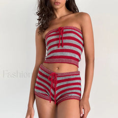 Knit Striped Sleeveless Crop Tube Tops Drawstring Shorts Two Piece Set Red / S