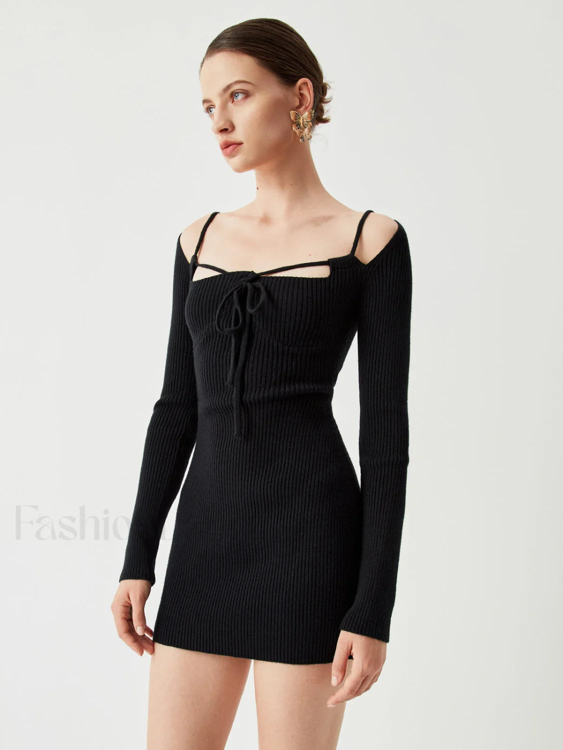 Knit Tied Cutout Long Modern Sleeve Short Sweater Dress Black / XS Sweaters L Main image