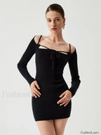 Knit Tied Cutout Long Modern Sleeve Short Sweater Dress Sweaters L