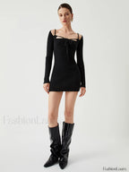 Knit Tied Cutout Long Modern Sleeve Short Sweater Dress Sweaters L