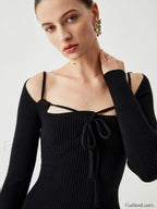 Knit Tied Cutout Long Modern Sleeve Short Sweater Dress Sweaters L