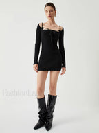 Knit Tied Cutout Long Modern Sleeve Short Sweater Dress Sweaters L