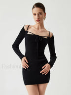 Knit Tied Cutout Long Modern Sleeve Short Sweater Dress Sweaters L