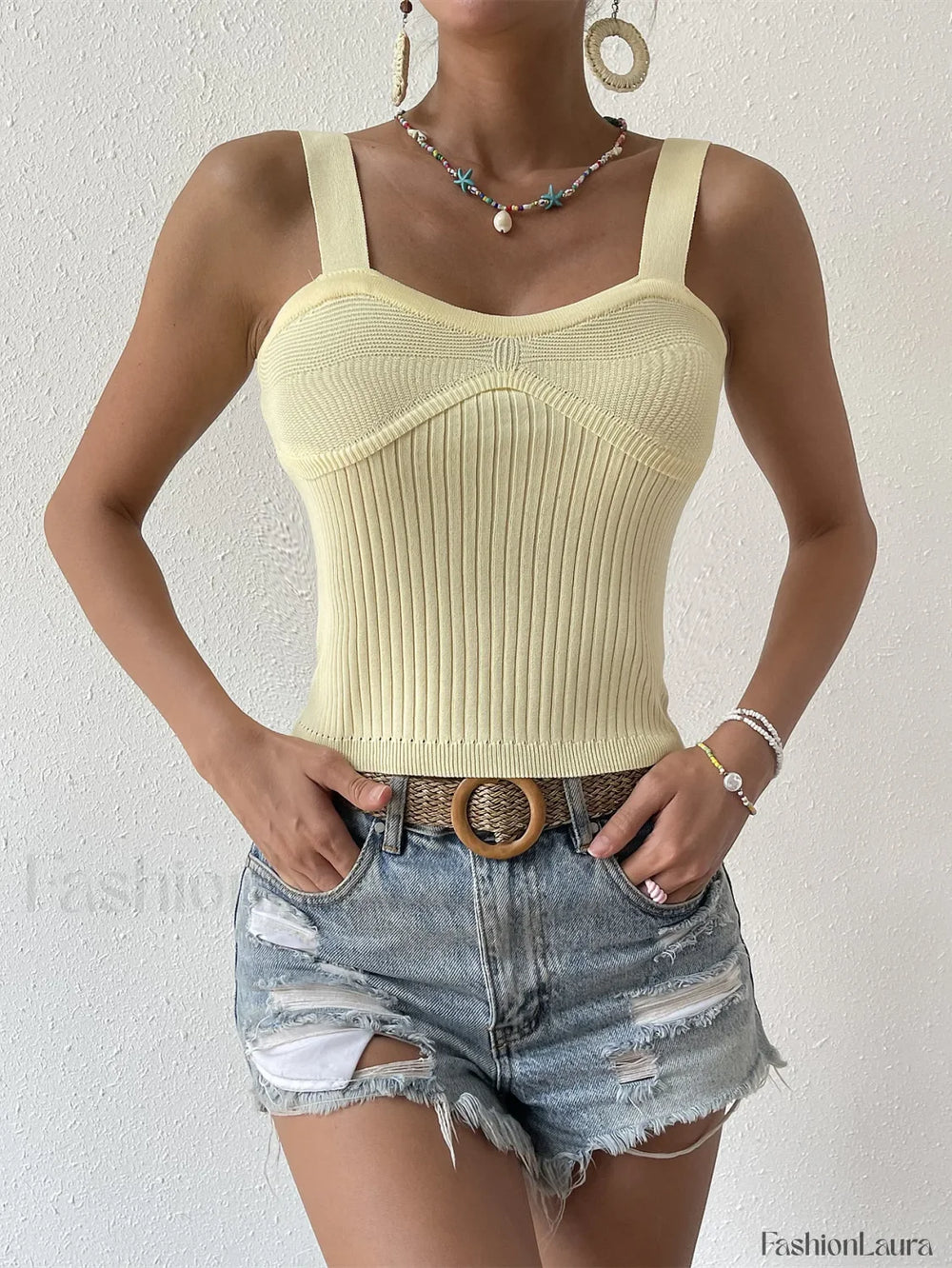 Knitted Backless Halter Crop Top Apricot / S