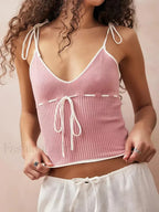 Knitted Contrast Tie Up Crop Top