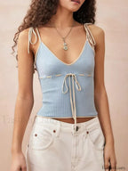 Knitted Contrast Tie Up Crop Top Blue / S
