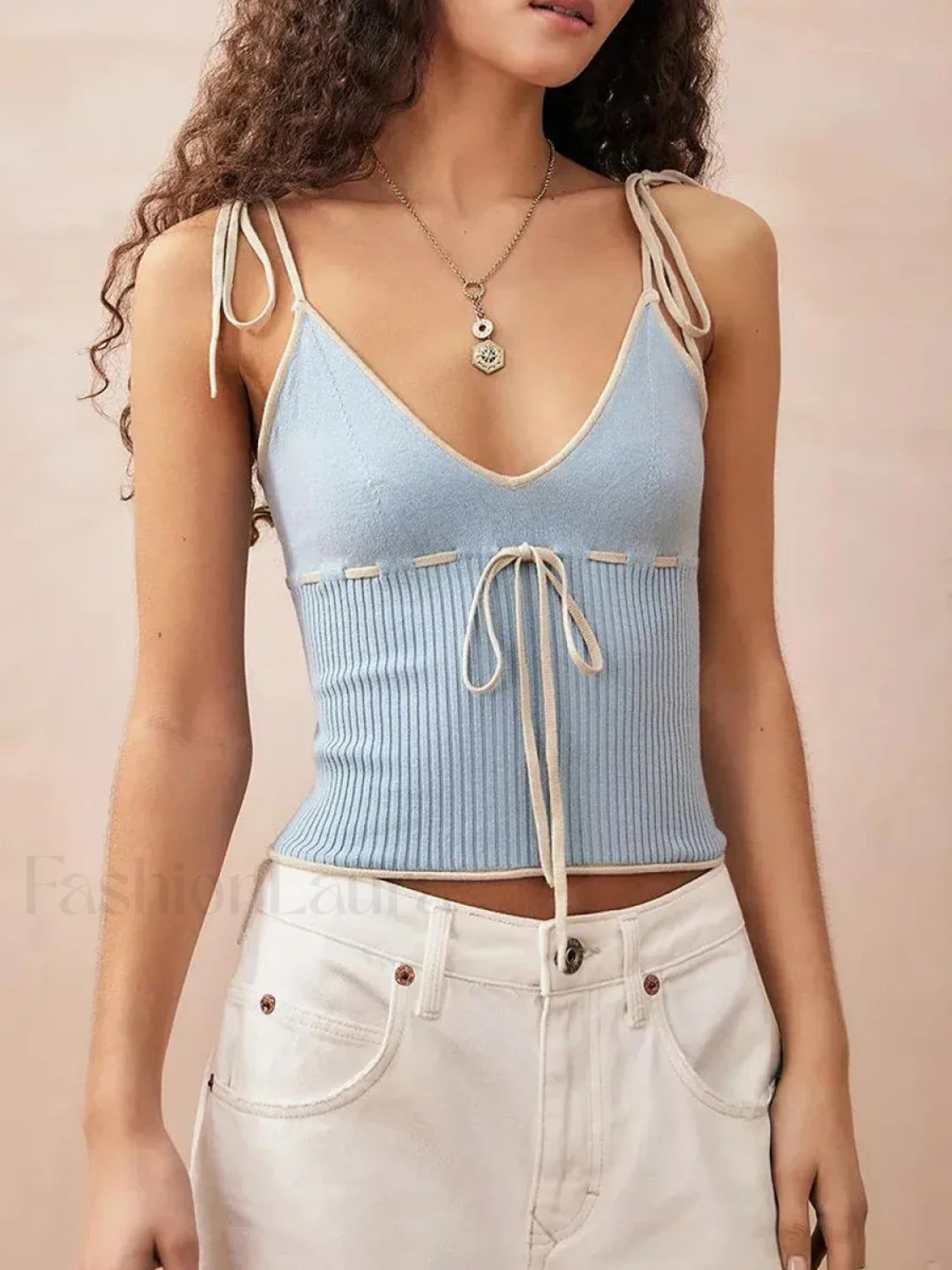 Knitted Contrast Tie Up Crop Top Blue / S