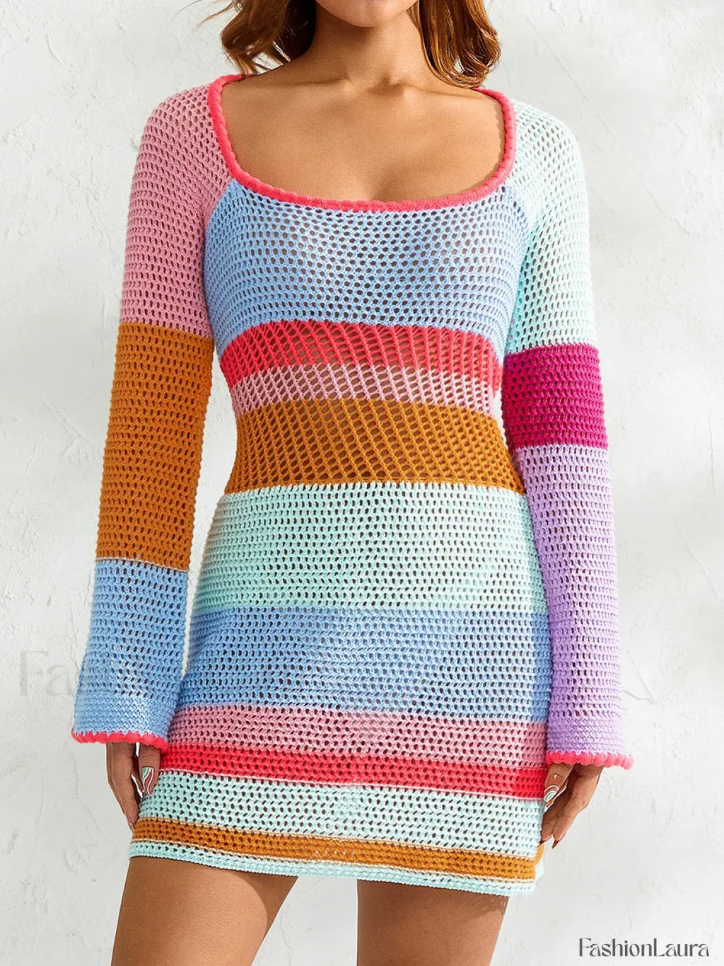 Knitted Cutout Stripe Mini Dress blue / S