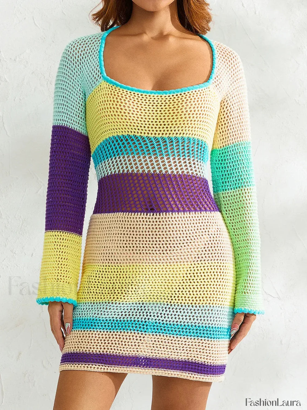 Knitted Cutout Stripe Mini Dress Yellow / S