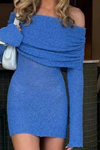 Knitted Hollow Off Shoulder Long Sleeve Mini Dress