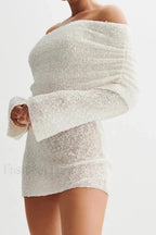 Knitted Hollow Off Shoulder Long Sleeve Mini Dress