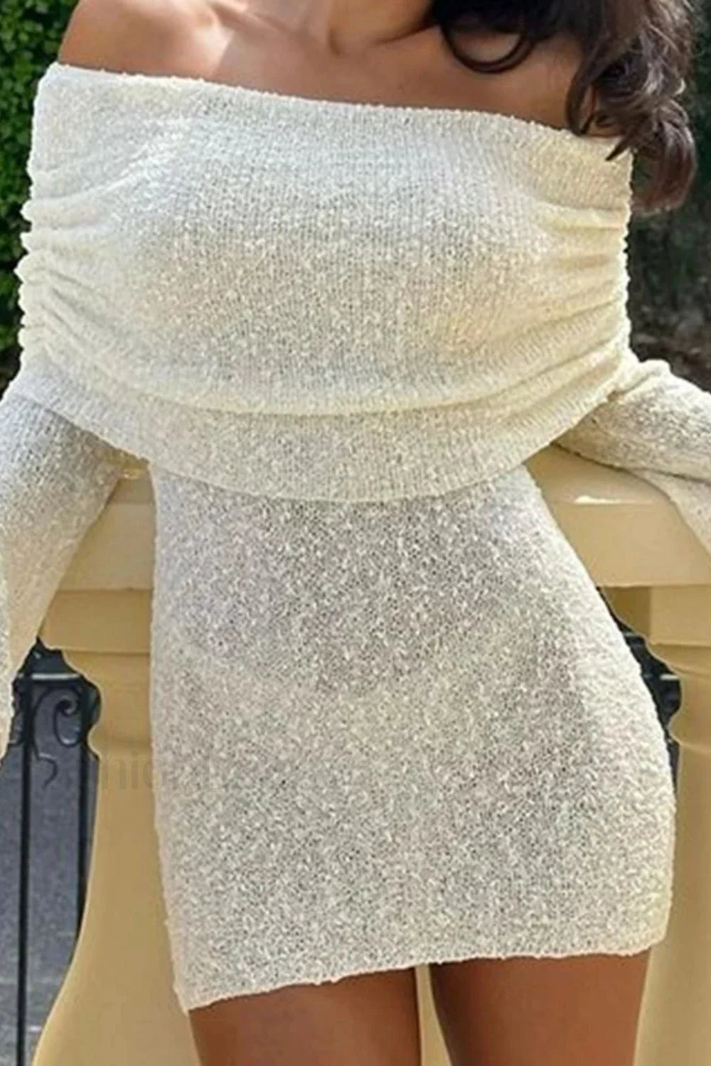 Knitted Hollow Off Shoulder Long Sleeve Mini Dress Main image