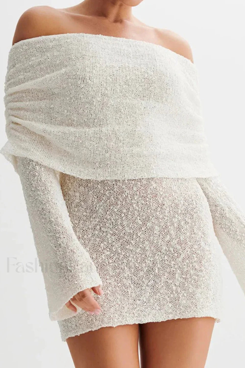 Knitted Hollow Off-Shoulder Long Sleeve Mini Dress Secondary image