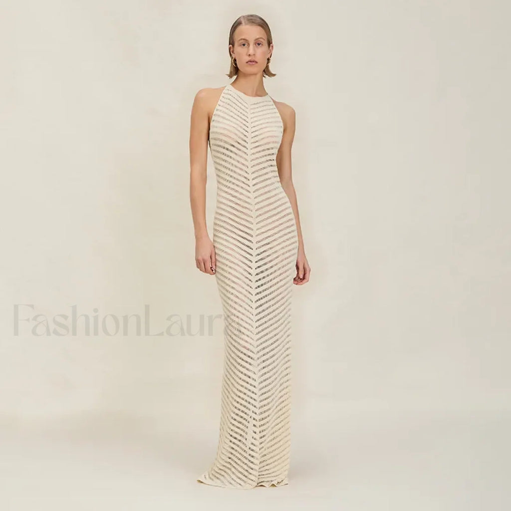 Knitted Hollow Suspender Backless Split Cut Out Cover Up White / S