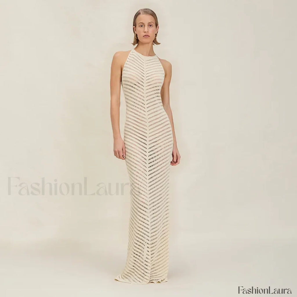 Knitted Hollow Suspender Backless Split Cut Out Cover Up White / S