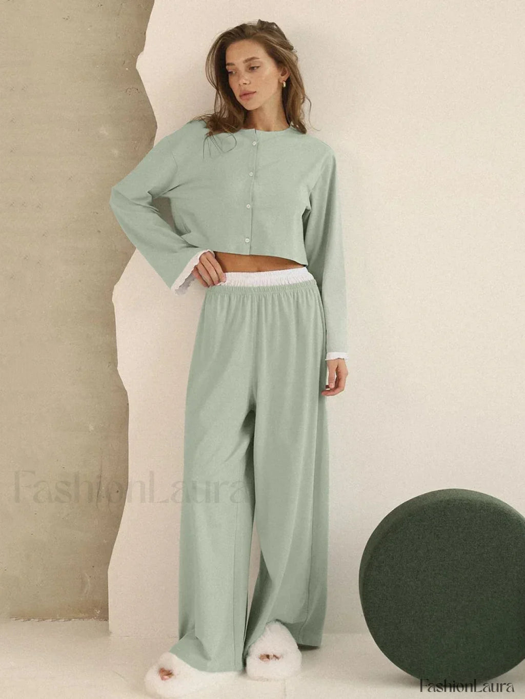 Knitted Long Sleeve Crop Pants Two Piece Set Green / S