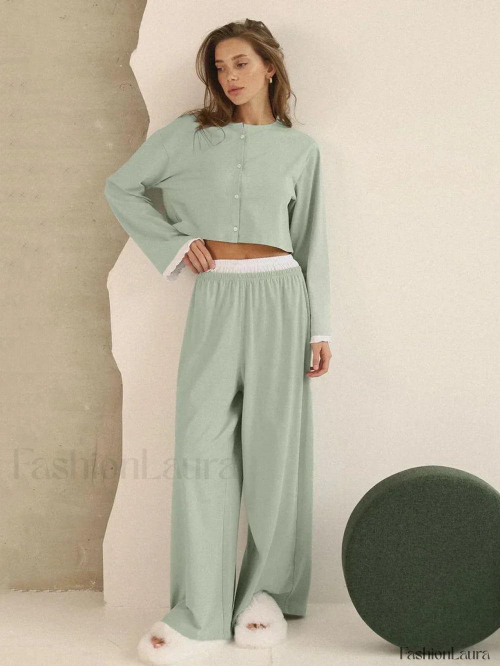 Knitted Long Sleeve Crop Pants Two Piece Set Green / S