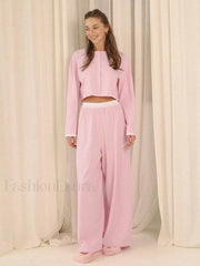 Knitted Long Sleeve Crop Pants Two Piece Set Pink / S