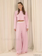 Knitted Long Sleeve Crop Pants Two Piece Set Pink / S