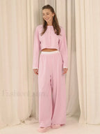 Knitted Long Sleeve Crop Pants Two Piece Set Pink / S