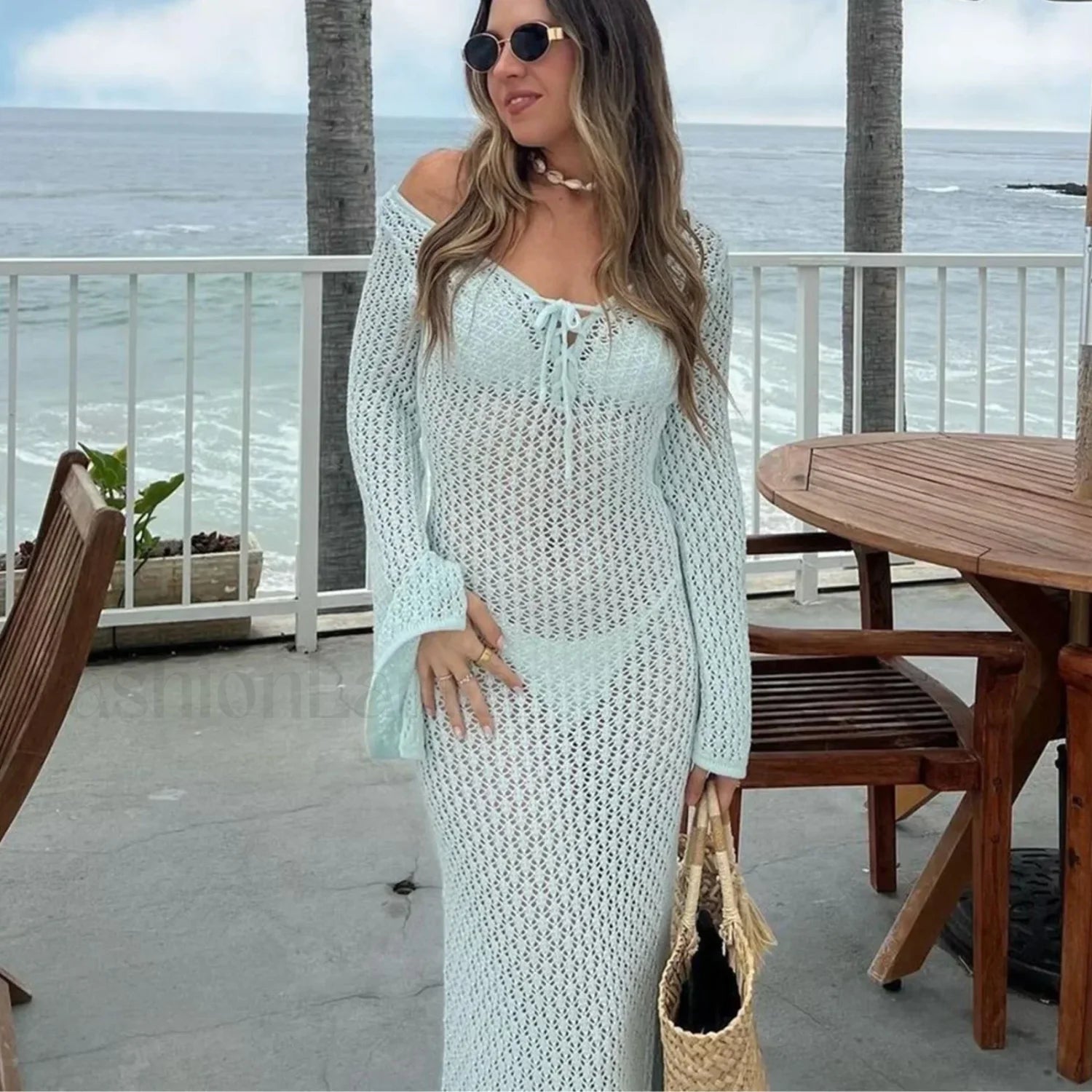 Knitted Long Sleeve V Neck Tie Up Cover Up